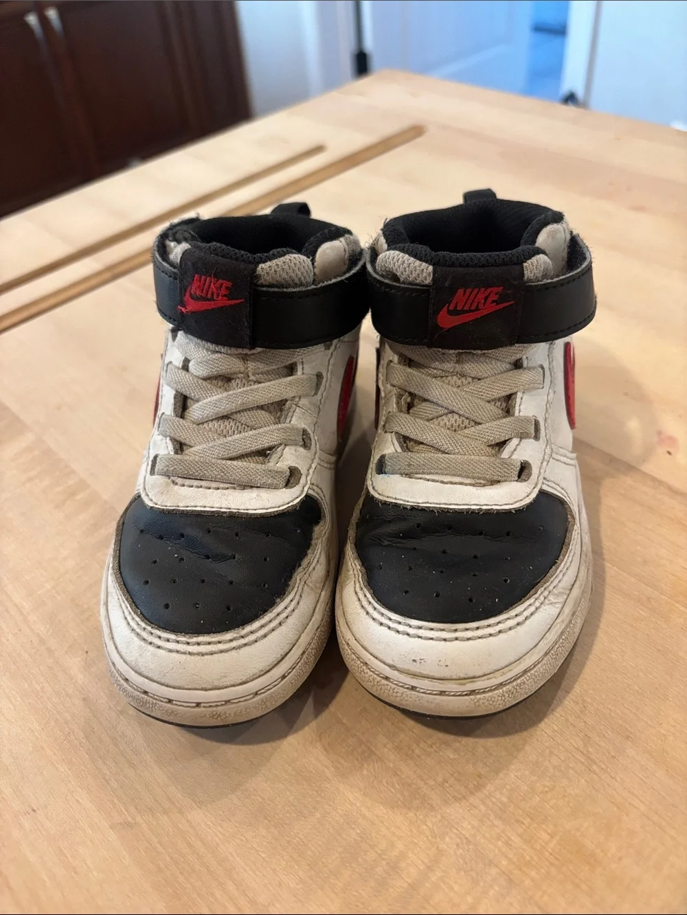 Nike Kids High-Top Sneakers in White, Black & Red